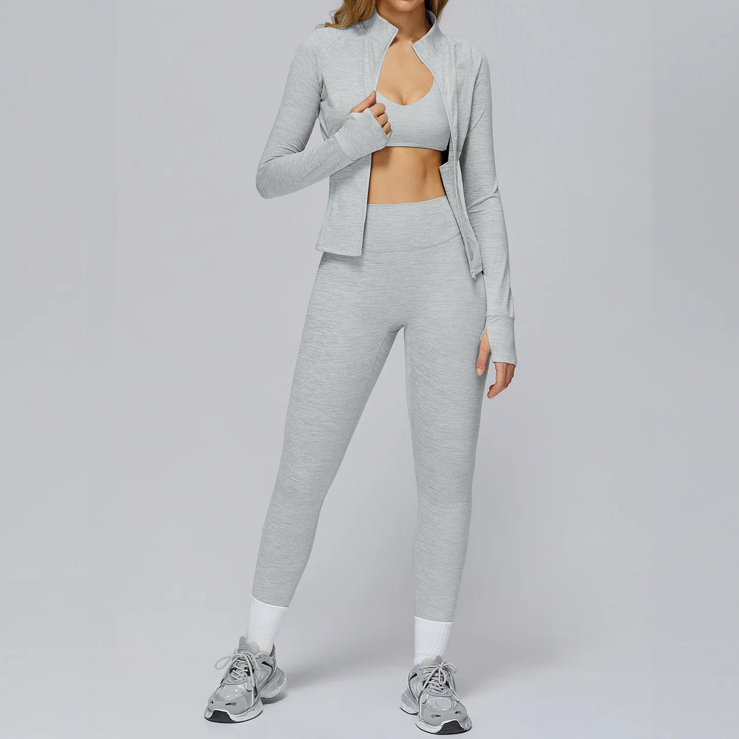 A&A Flexi Heathered Sports Bra Gym Jacket & Leggings Three Piece Set