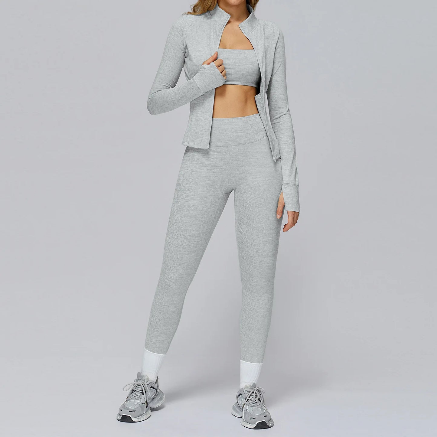 A&A Flexi Heathered Sports Bra Gym Jacket & Leggings Three Piece Set