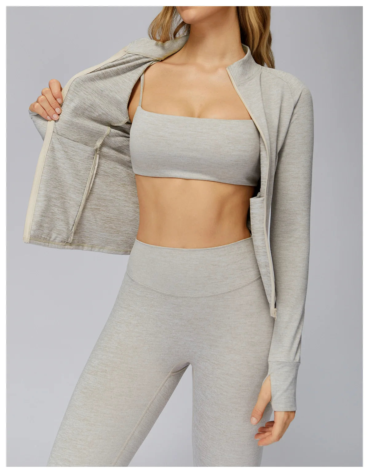 A&A Flexi Heathered Sports Bra Gym Jacket & Leggings Three Piece Set