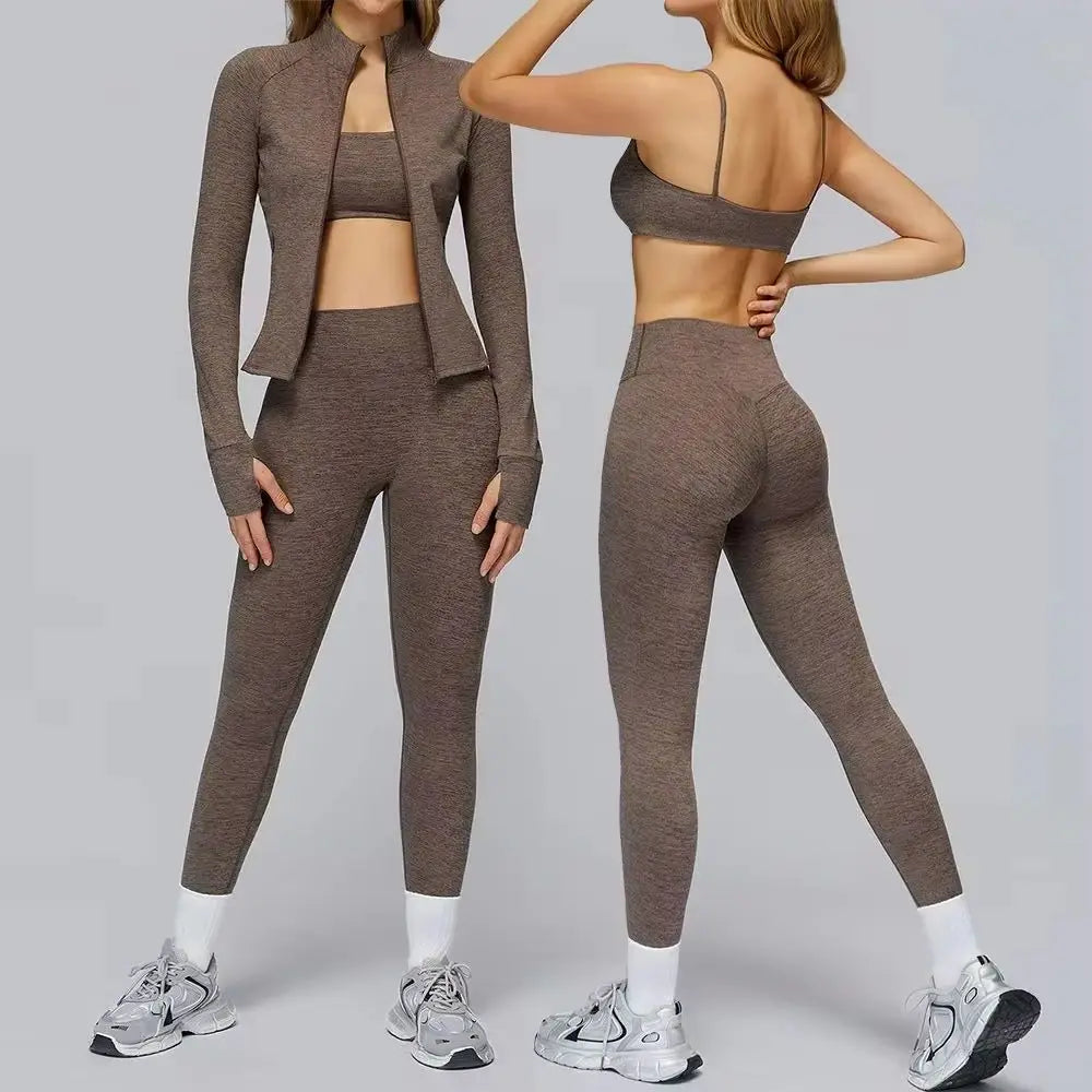A&A Flexi Heathered Sports Bra Gym Jacket & Leggings Three Piece Set